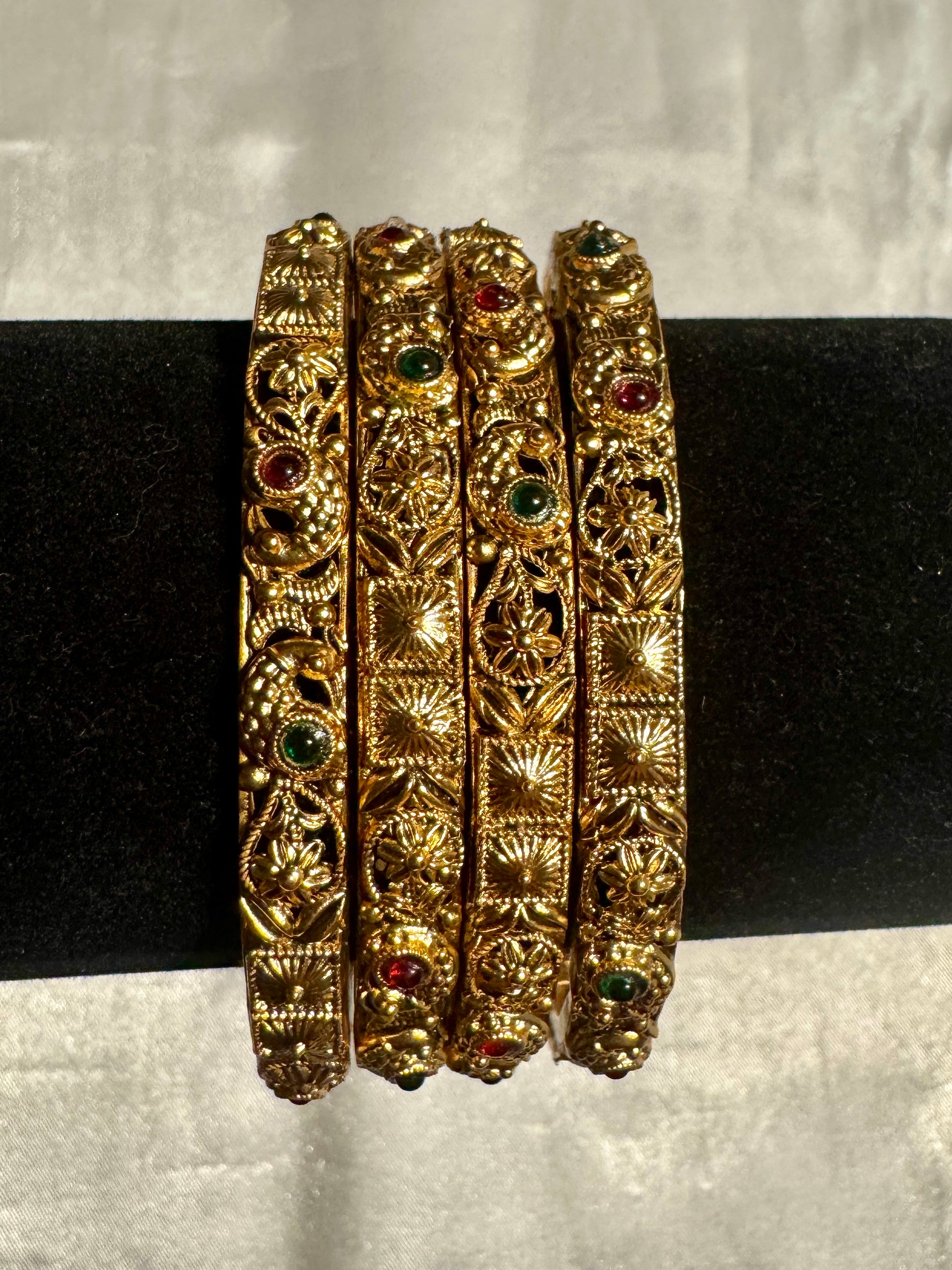 Attractive Red And Green Stones Studded Antique Gold Bangles For Women