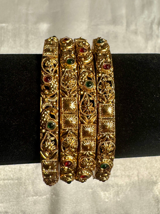 Attractive Red And Green Stones Studded Antique Gold Bangles For Women
