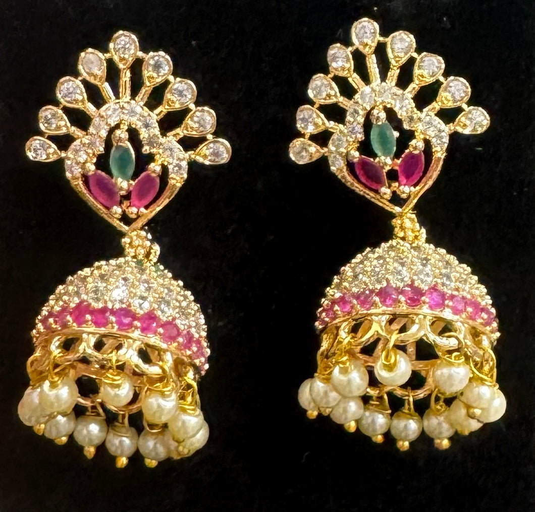Beautiful Multicolored And White Stones Gold Plated Jhumkas