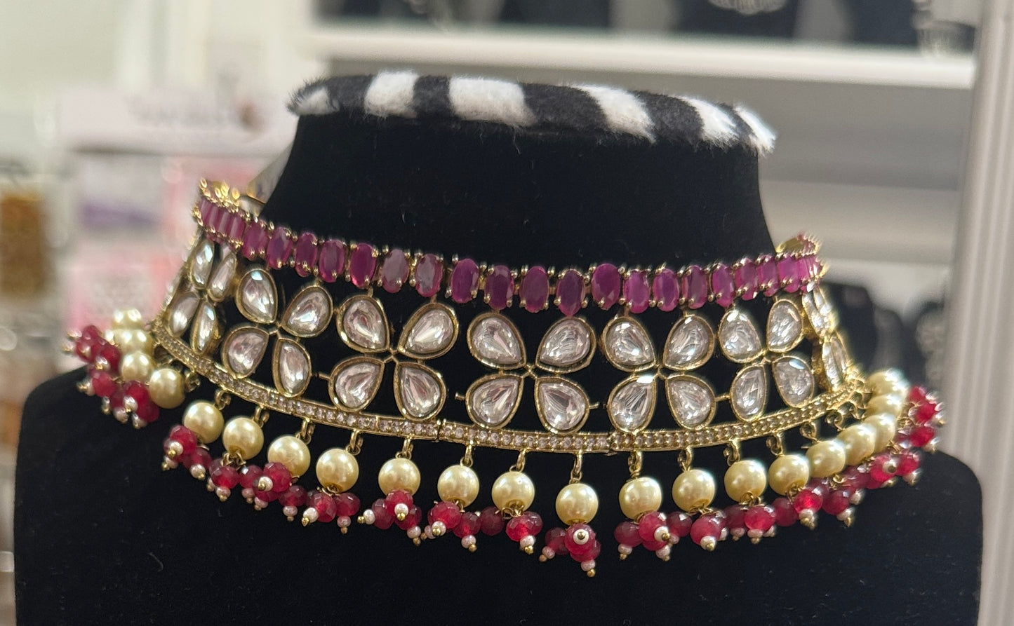 Stunning Kundan Style Dark Pink Stones Choker With Earrings Set For Women