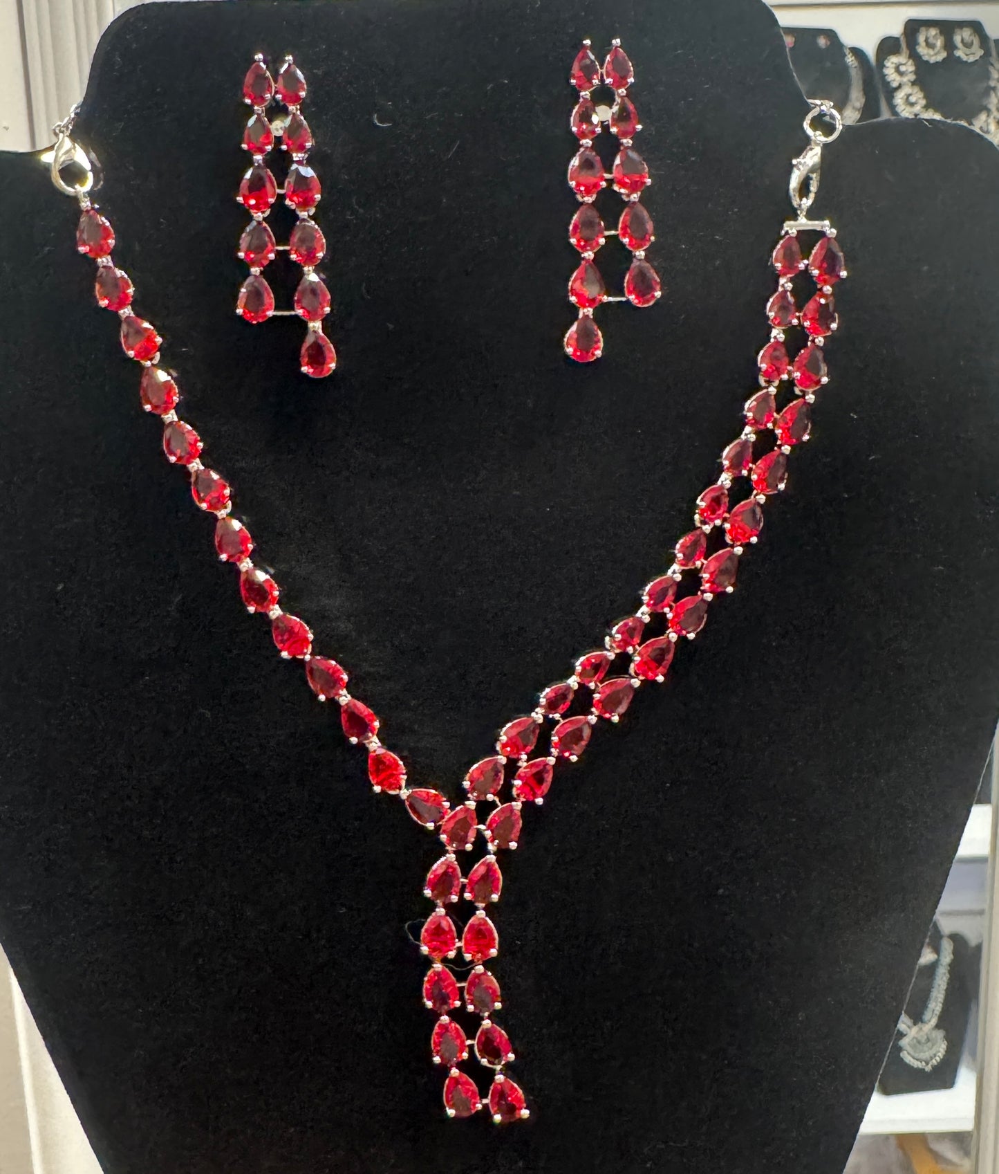 Ravishing Red Color Stones American Diamond Necklace With Earrings Sets