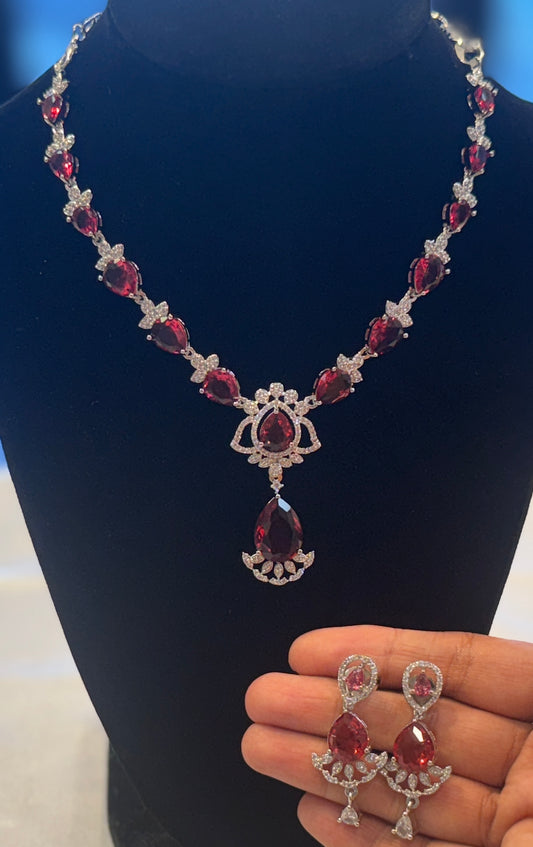 Beautiful American Diamond White And Dark Pink Stones Necklace With Earrings Sets For Women