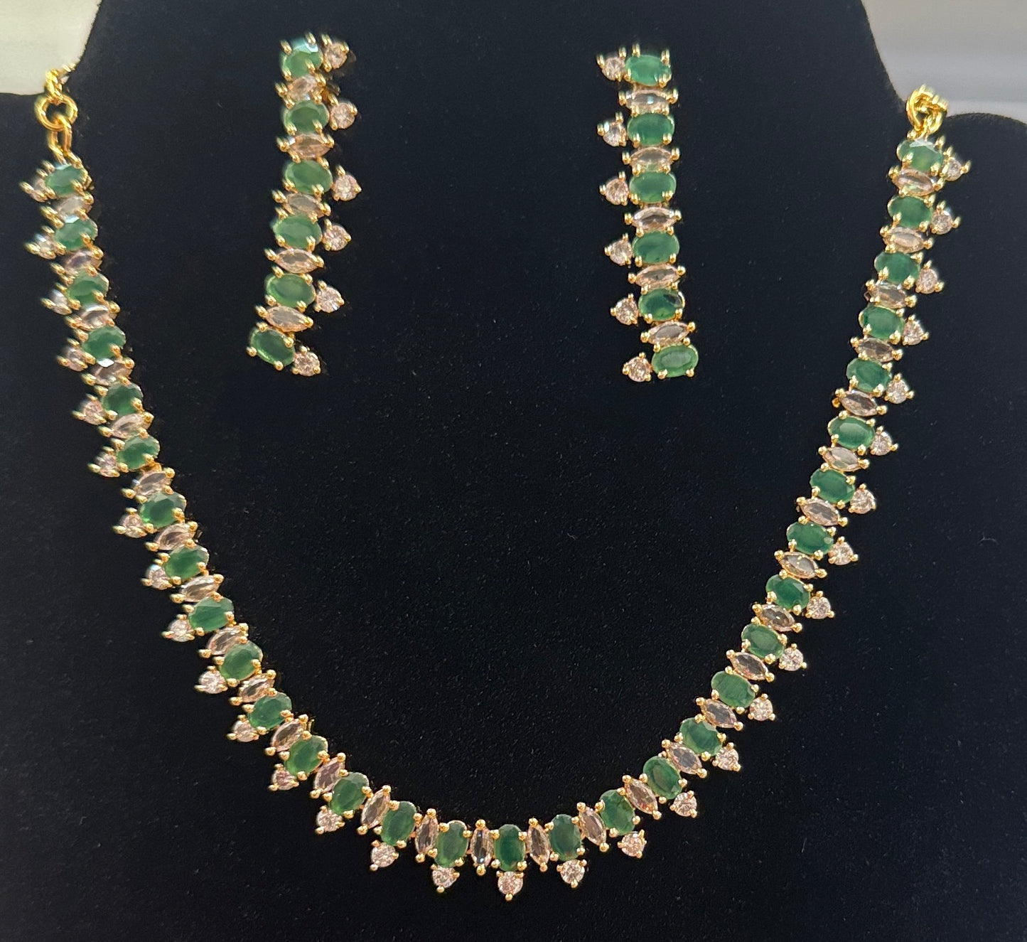 Stunning Green Color Stone Gold Plated Necklace With Earrings Set 