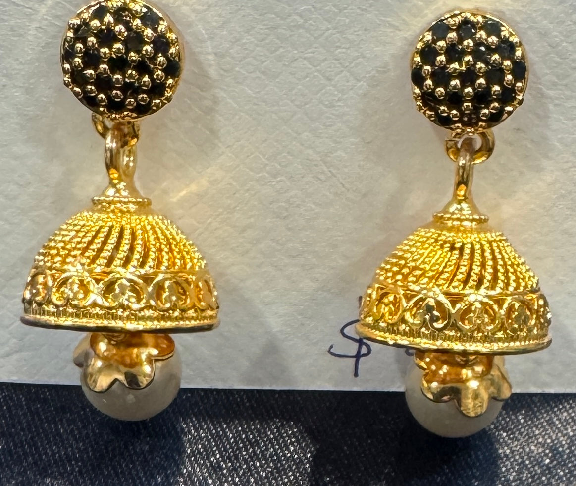 Fabulous Gold Plated Earrings With Black Stones And Pearl For Women