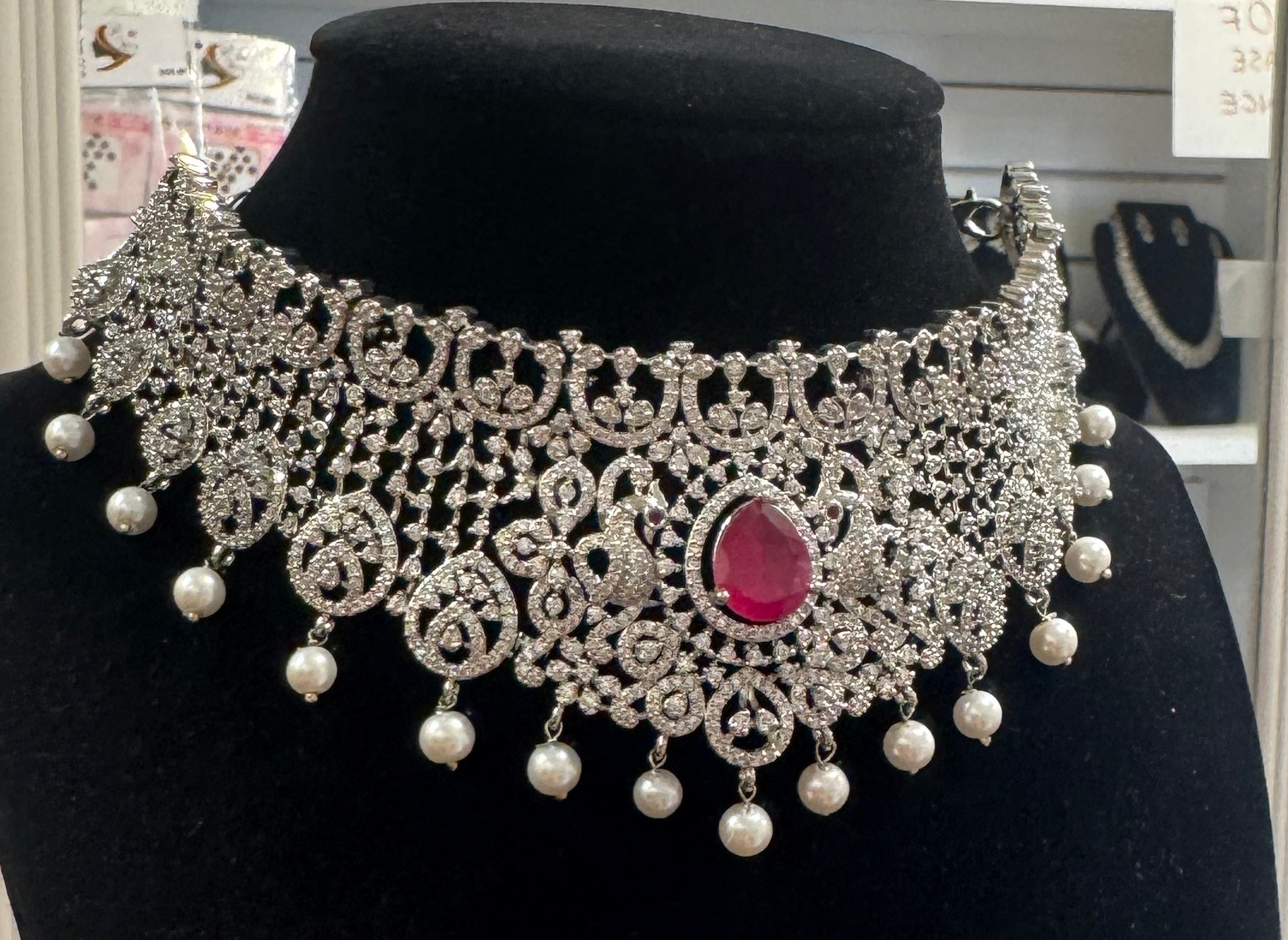 Pretty Dark Pink Color Stone American Diamond Choker With Earrings Set In USA