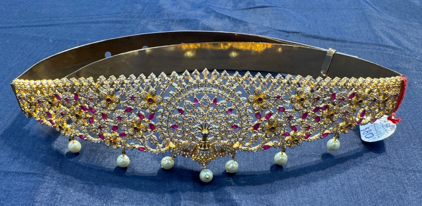 Traditional Gold Plated White & Red Jarkan Stones Hip Chain Near Me