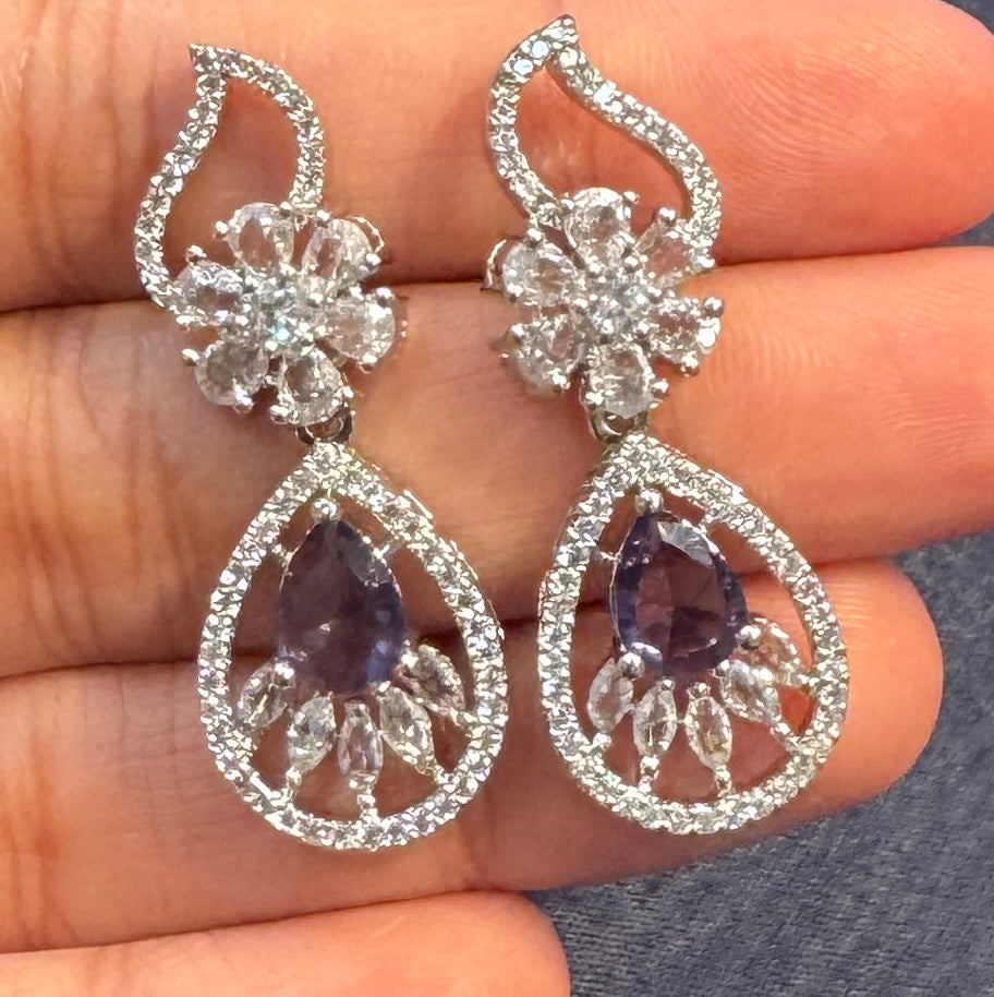 Dazzling White and Purple Stones Gold American Diamond Earrings