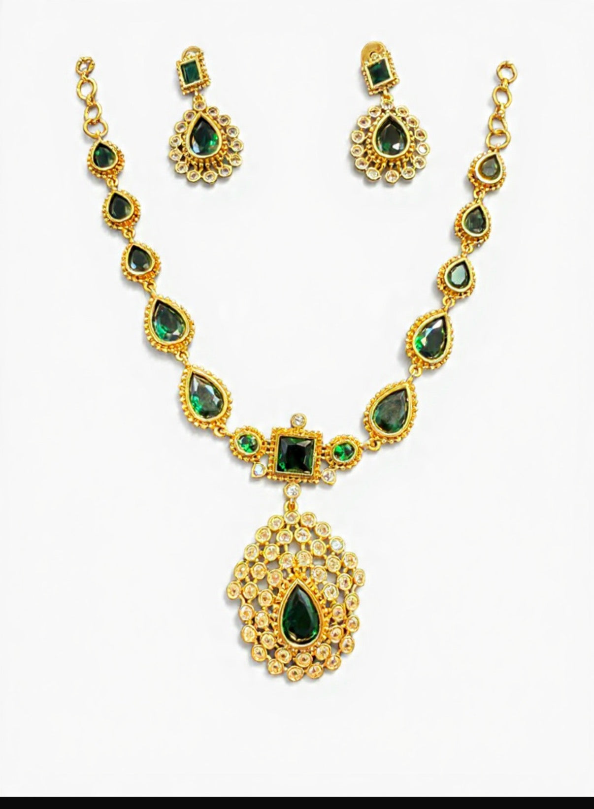 Gorgeous Gold Plated Emerald Green Kundan and White Stones Necklace Set.
