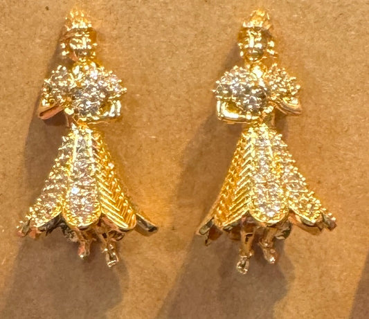 Pretty White Color Stones Gold Plated Dance Shape Earrings For Women