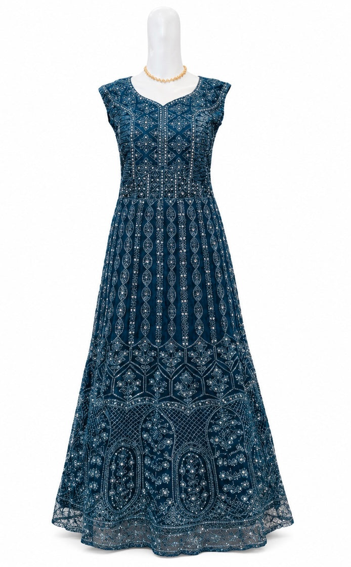 Amazing Teal Blue Color Georgette With Embroidery And Sequins Work Anarkali Gown For Women