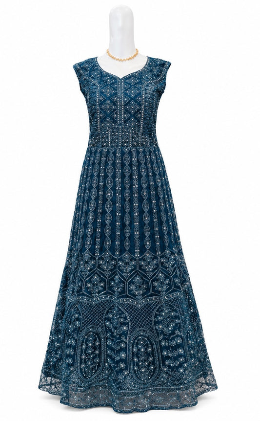Amazing Teal Blue Color Georgette With Embroidery And Sequins Work Anarkali Gown For Women