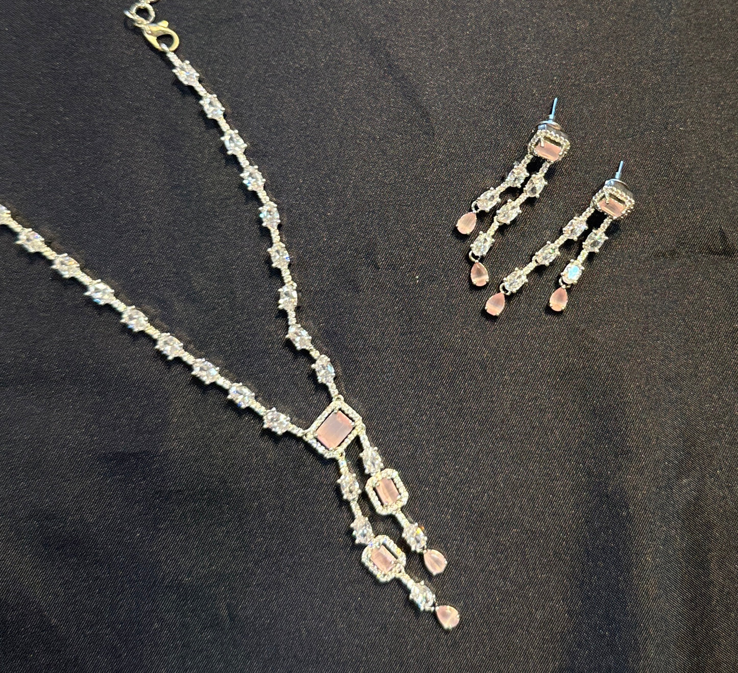 White And Pink Color Stones American Diamond Necklace With Earrings In USA