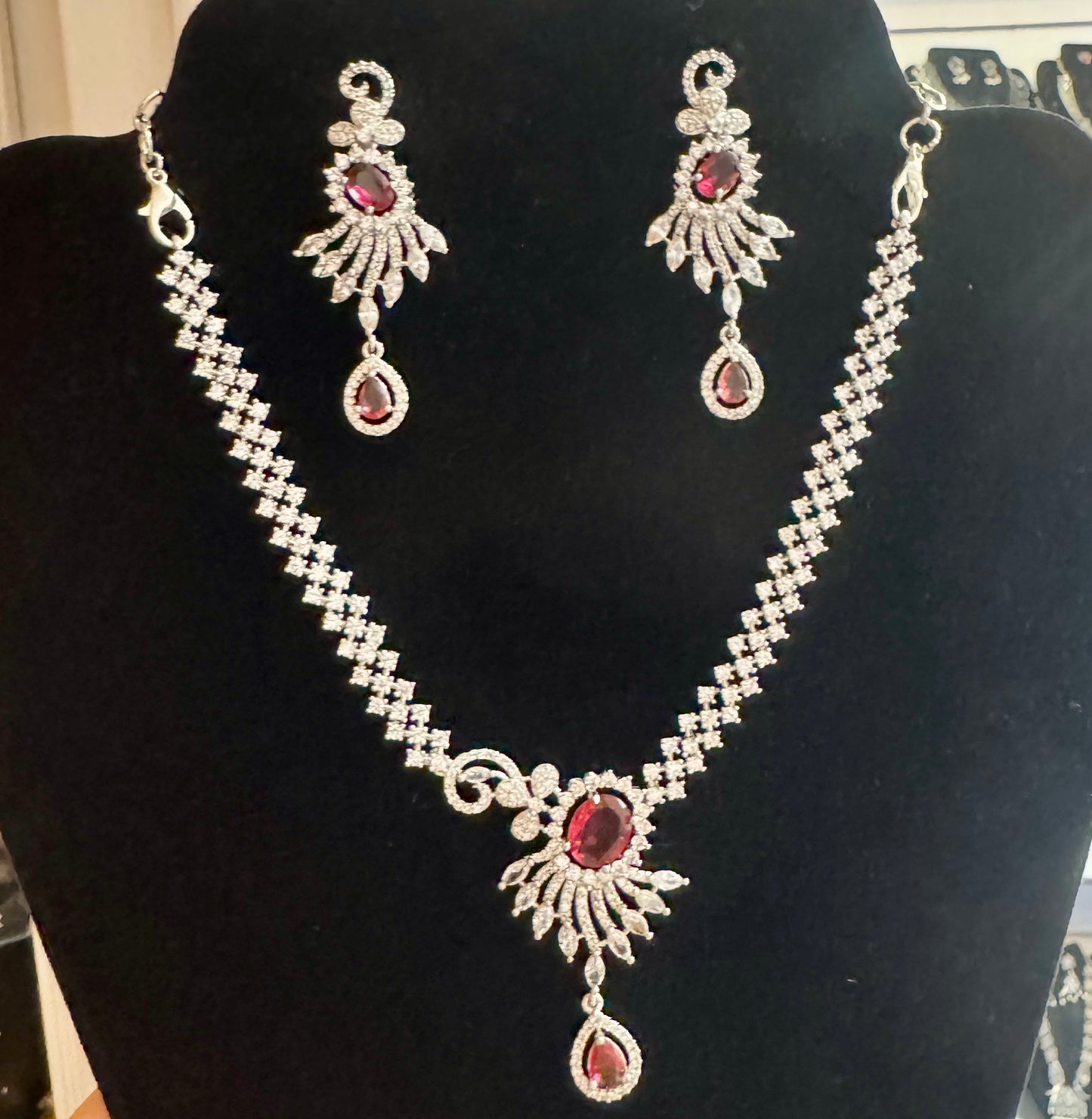 Alluring White And Red Color Stones American Diamond Necklace With Earrings
