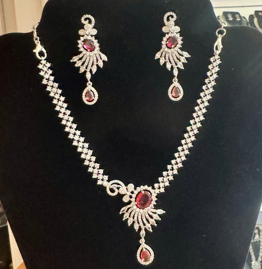 Alluring White And Red Color Stones American Diamond Necklace With Earrings