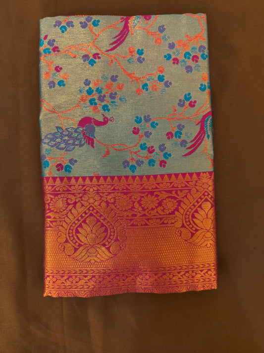 Attractive Goldish Teal Color Art Silk Saree With Contrast Border For Women