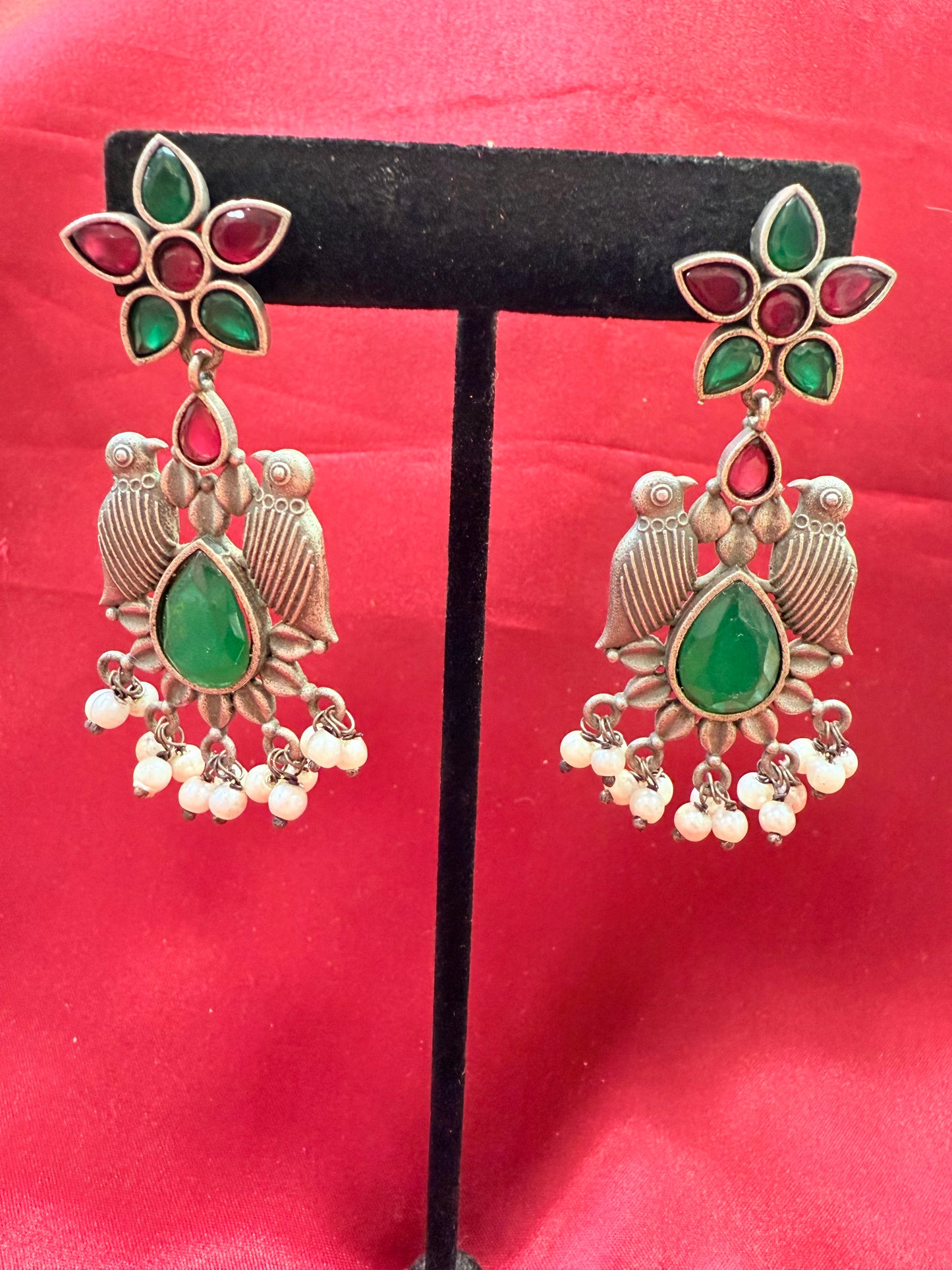 Appealing Oxidized Maroon And Green Stone And Beaded Work Bird Designs Earrings For Women