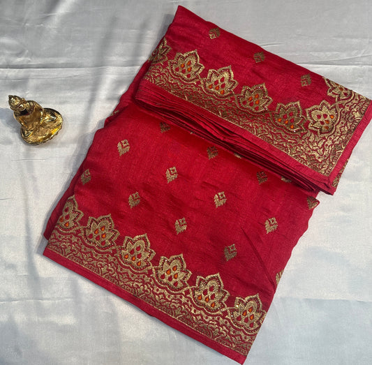 Alluring Pink Color Heavy Chinon Embroidered Work Fancy Saree - PREMIUM QUALITY