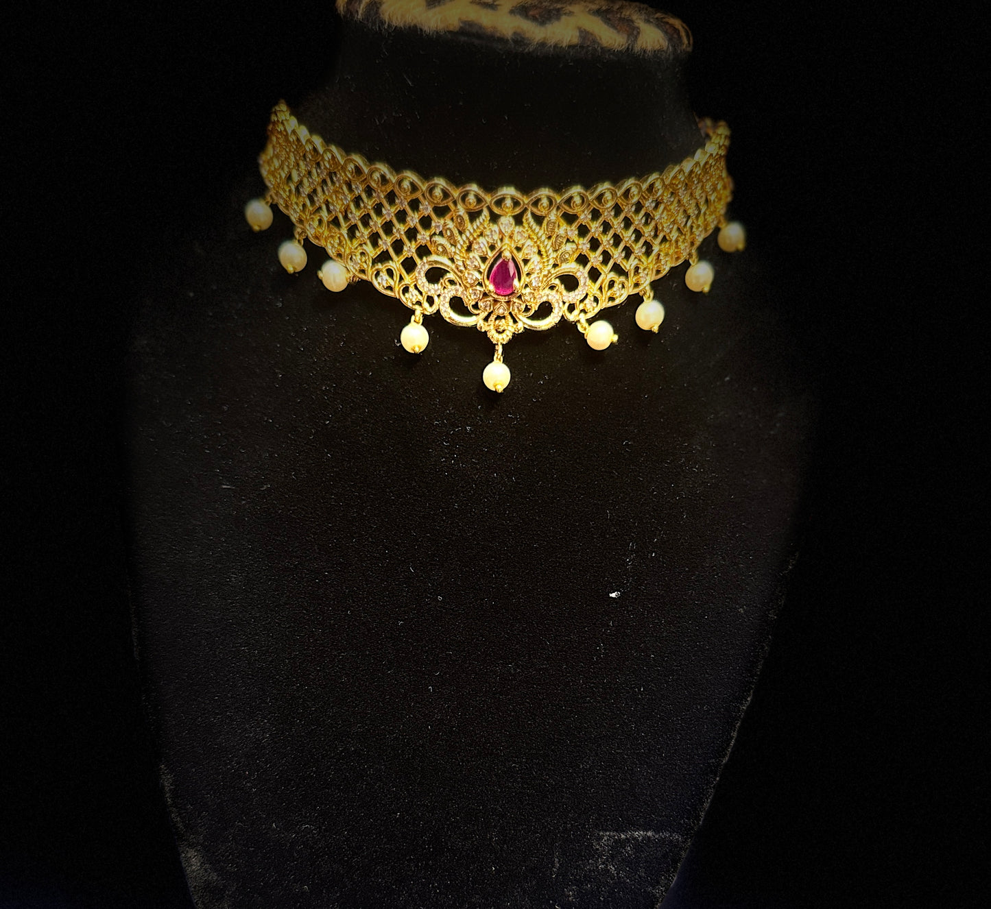 Beautiful Dark Pink And White Color Stones Gold Plated Choker With Earrings