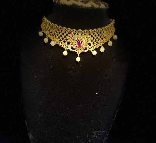 Beautiful Dark Pink And White Color Stones Gold Plated Choker With Earrings