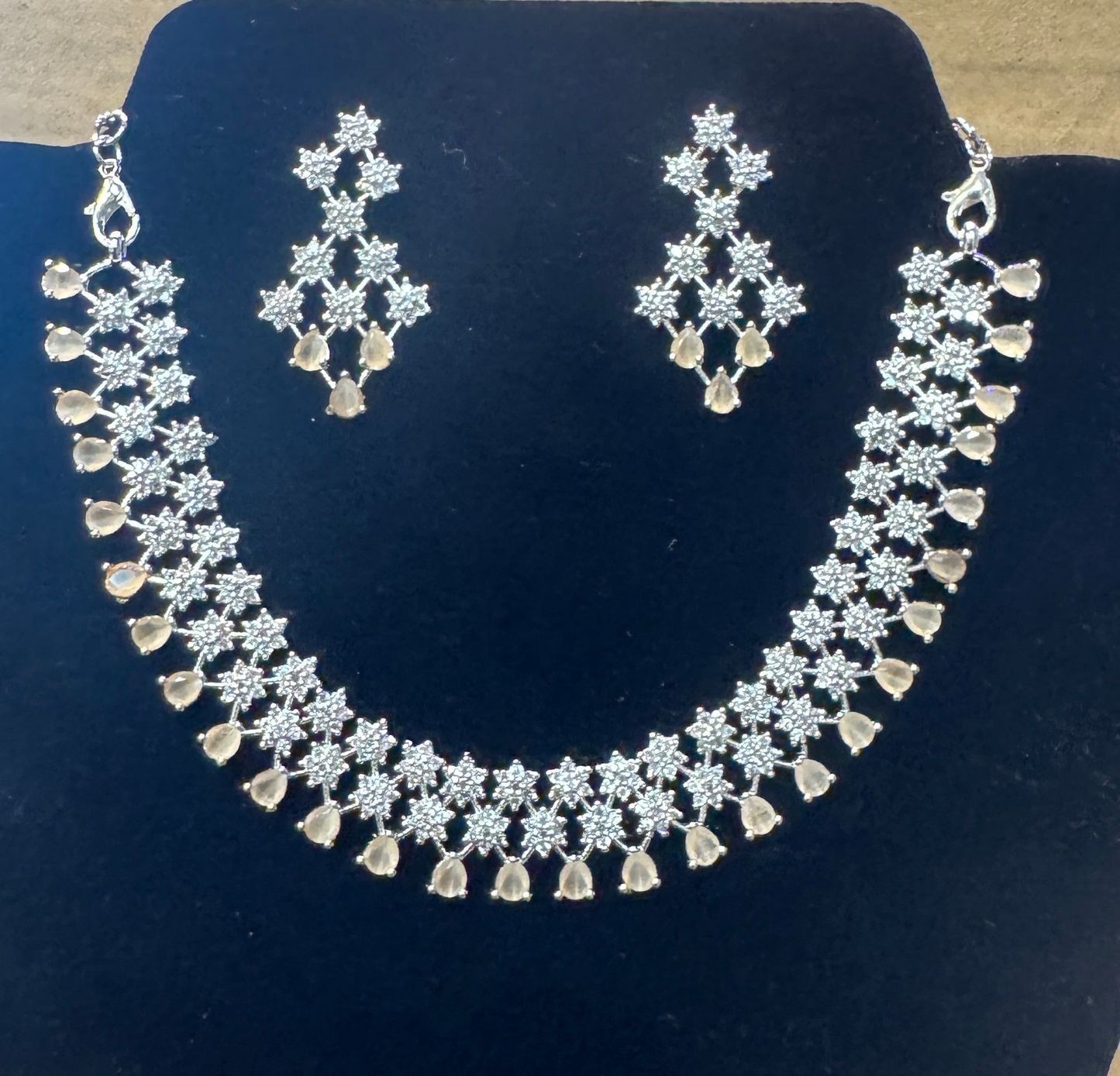 Peach Color Stones American Diamond Necklace With Earrings Set In USA