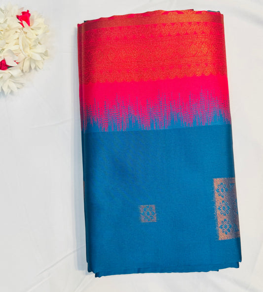 Gorgeous Blue And Pink Soft Silk Saree With Gold Zari Work For Women