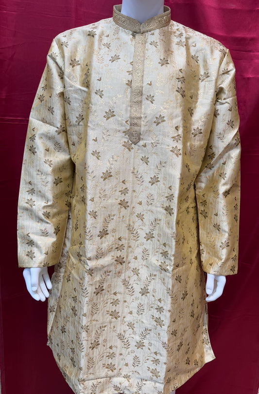 Beautiful Gold Color Jari Brocade With Linning Embroidery Work Kurta Pajama Pant For Men