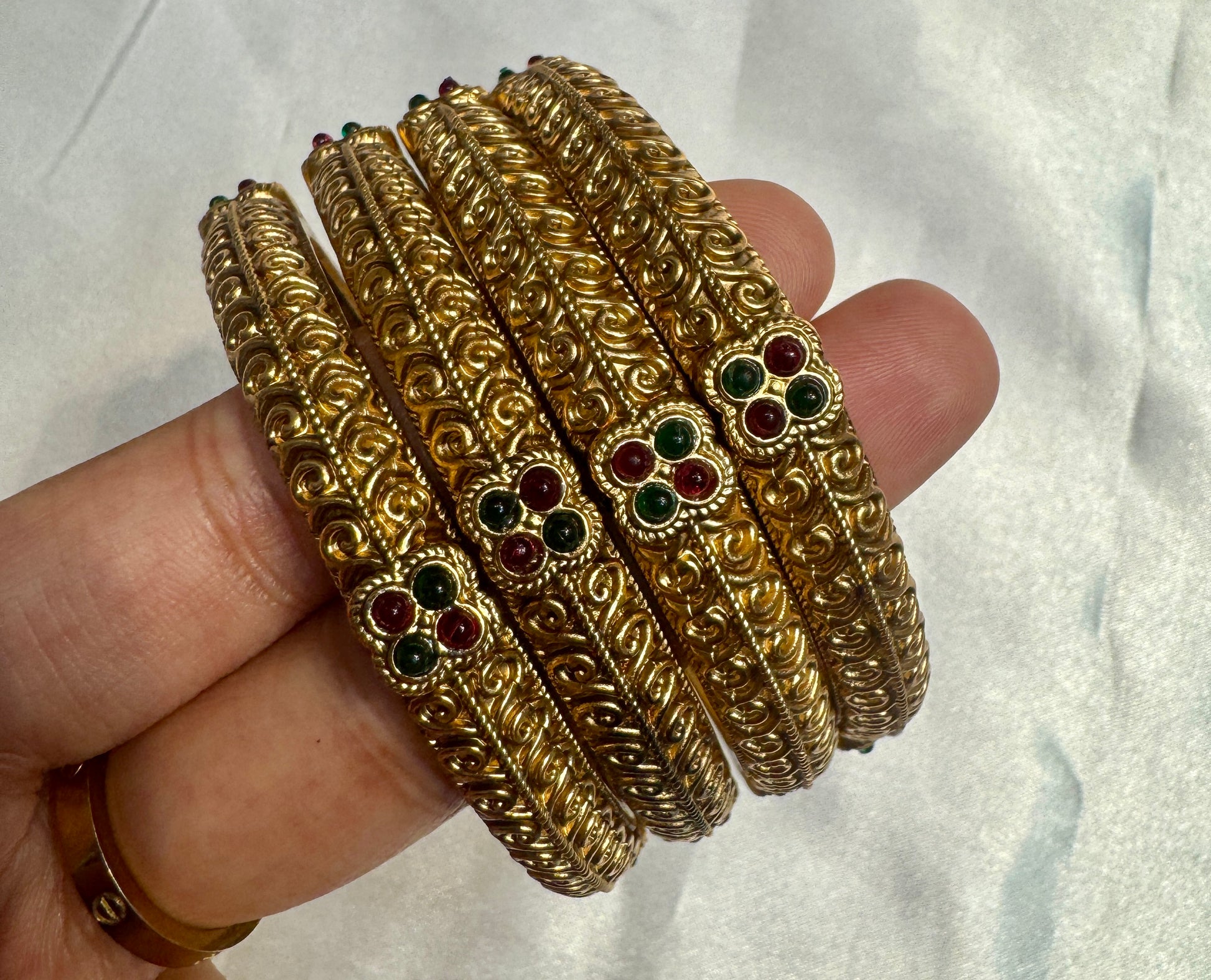 Elegant Antique Gold With Red and Green Stones Bangles In USA