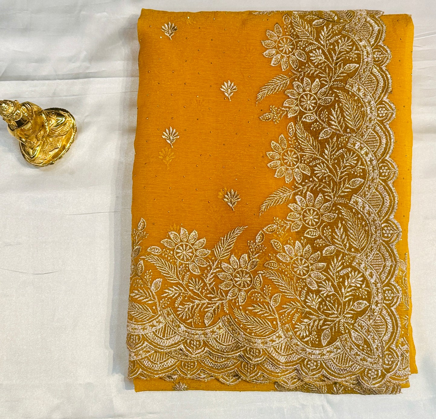 Charming Yellow Color Crush Georgette Embroidered Work Fancy Saree - PREMIUM QUALITY