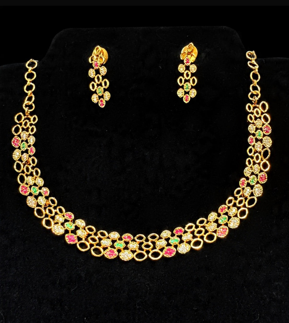 Stunning  Gold Plated Multicolor Stones Necklace With Earrings