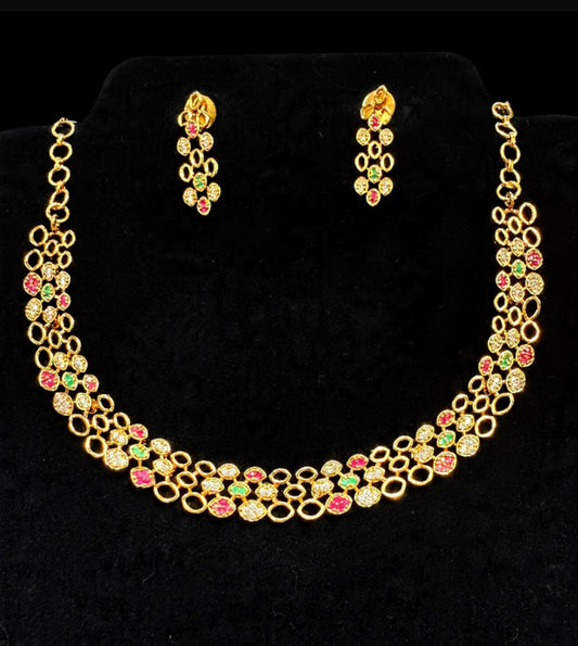 Stunning Gold Plated Multicolor Stones Necklace With Earrings