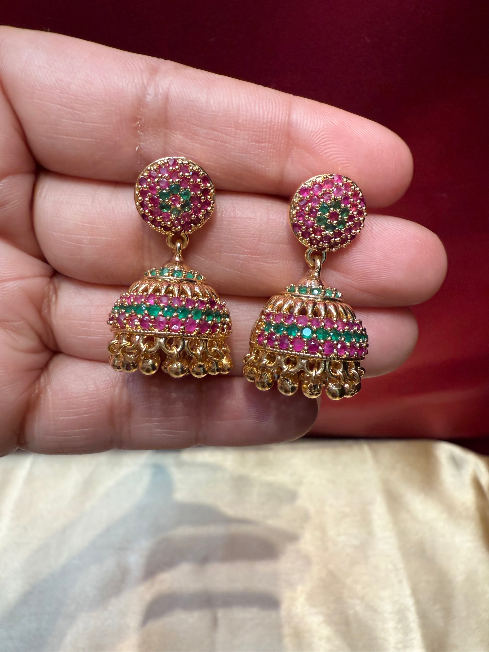 Dazzling Gold Plated Design Jhumka With Hot Pink Stone In USA