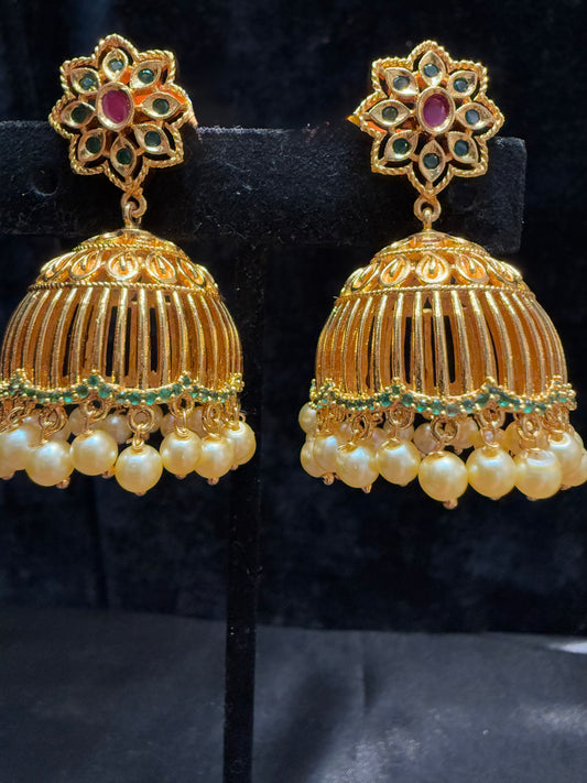 Dazzling Gold Plated Designer Jhumka with Hot Pink And Green Color Stone With Pearl Drop