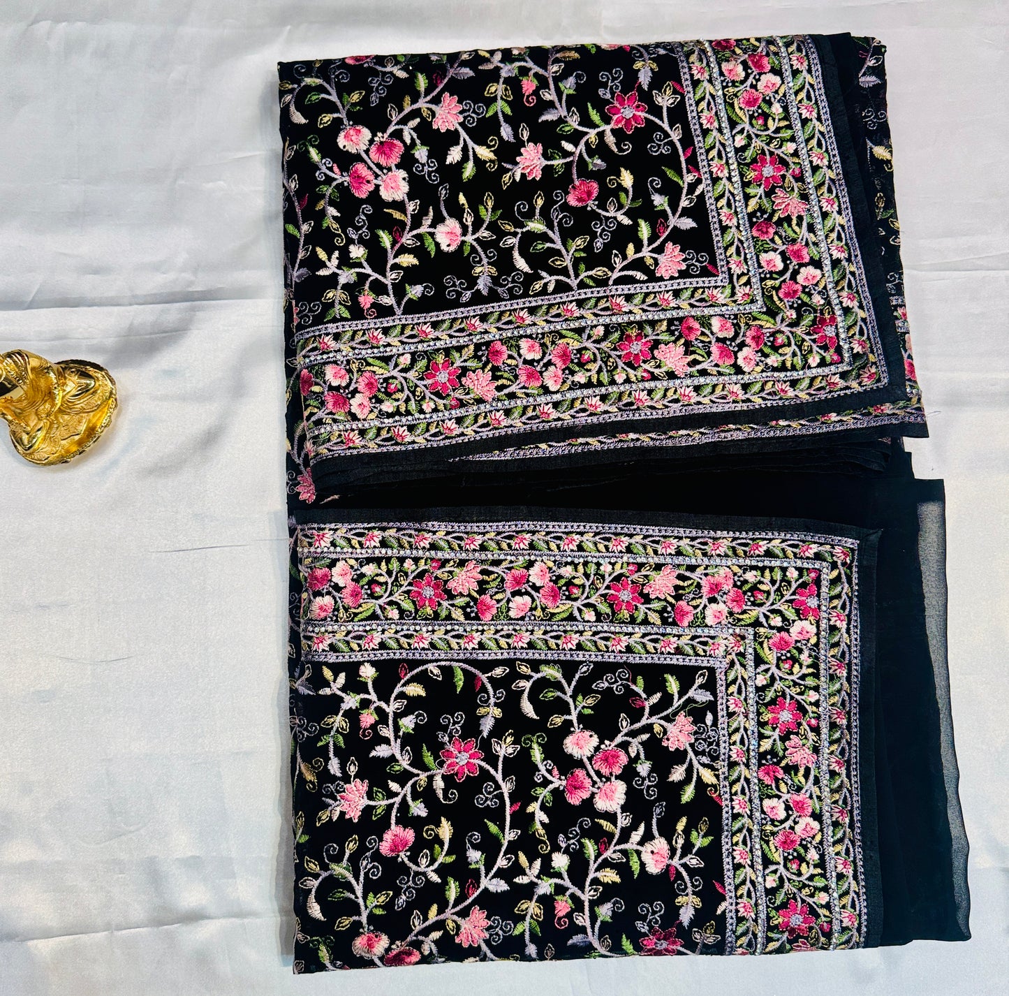 Attractive Black Color Soft Georgette Embroidered Work With White stone Fancy Saree - PREMIUM QUALITY