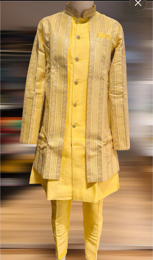 Beautiful Yellow Color Embroidery And Sequins Work Sherwani Suits For Men