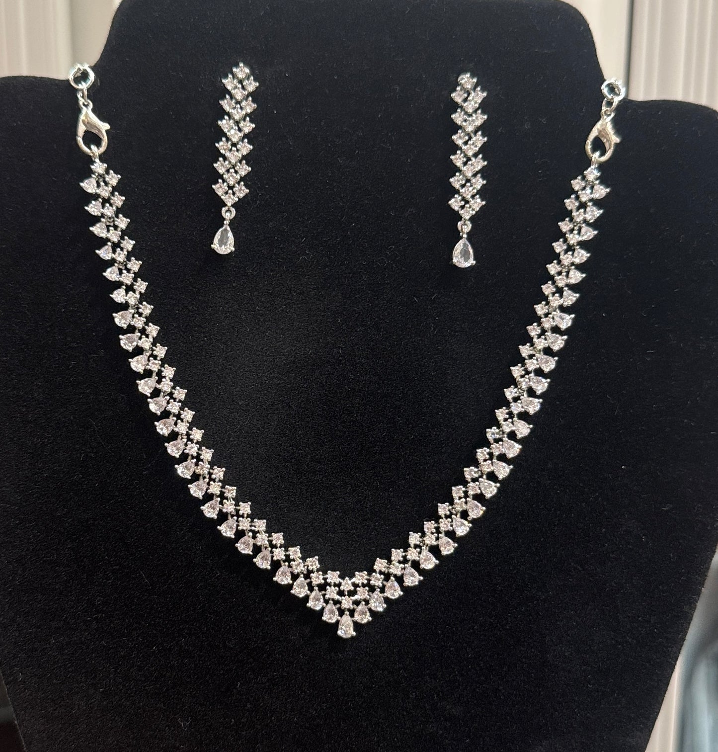 Pretty White Color Stones With Emerald American Diamond Necklace With Earrings