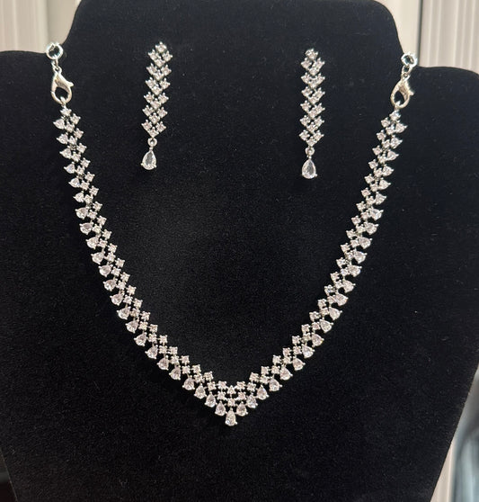 Pretty White Color Stones With Emerald American Diamond Necklace With Earrings