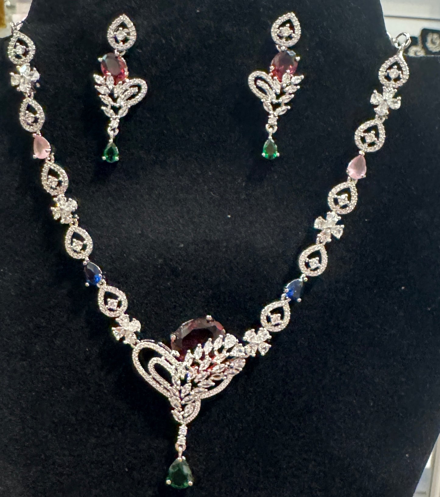 Pretty American Diamond Multicolor Necklace With Earring Sets