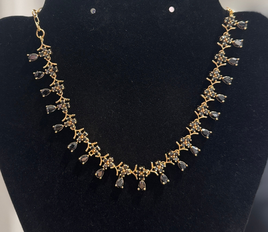 Marvelous Black Stones and Gold Plated Necklace With Earrings Set For Women