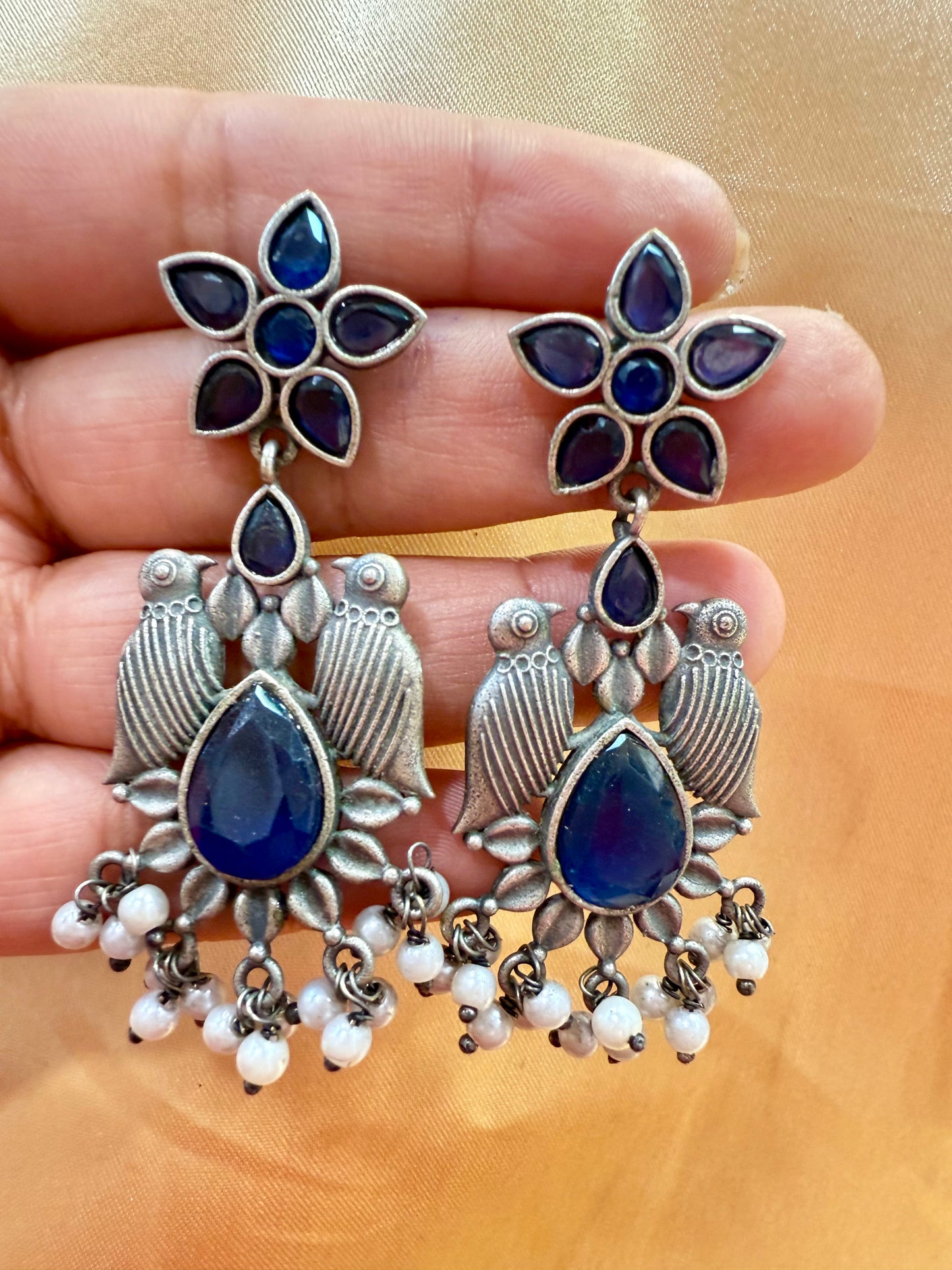 Appealing Oxidized Blue Stone And Beaded Work Bird Designs Earrings For Women