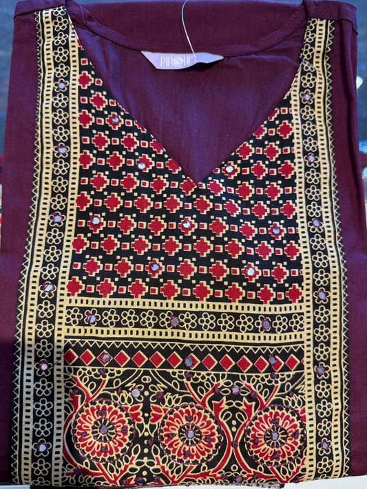Beautiful Wine Color Cotton With Printed Work Salwar Suits With Dupatta For Women