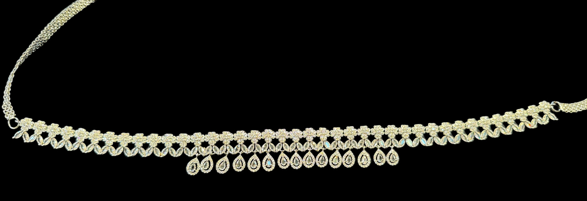 Alluring American Diamond Drop Design White Color Stones Hip Chain For Women