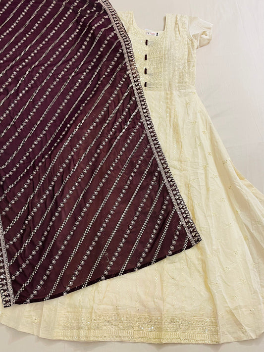 Awesome Ivory And Maroon Colored Silk Cotton Kurti With Bottom And Dupatta