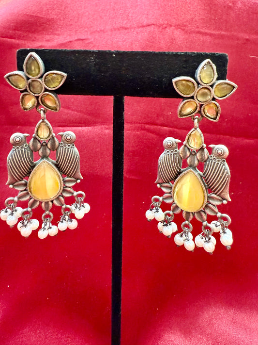 Appealing Oxidized Yellow Stone And Beaded Work Bird Designs Earrings For Women