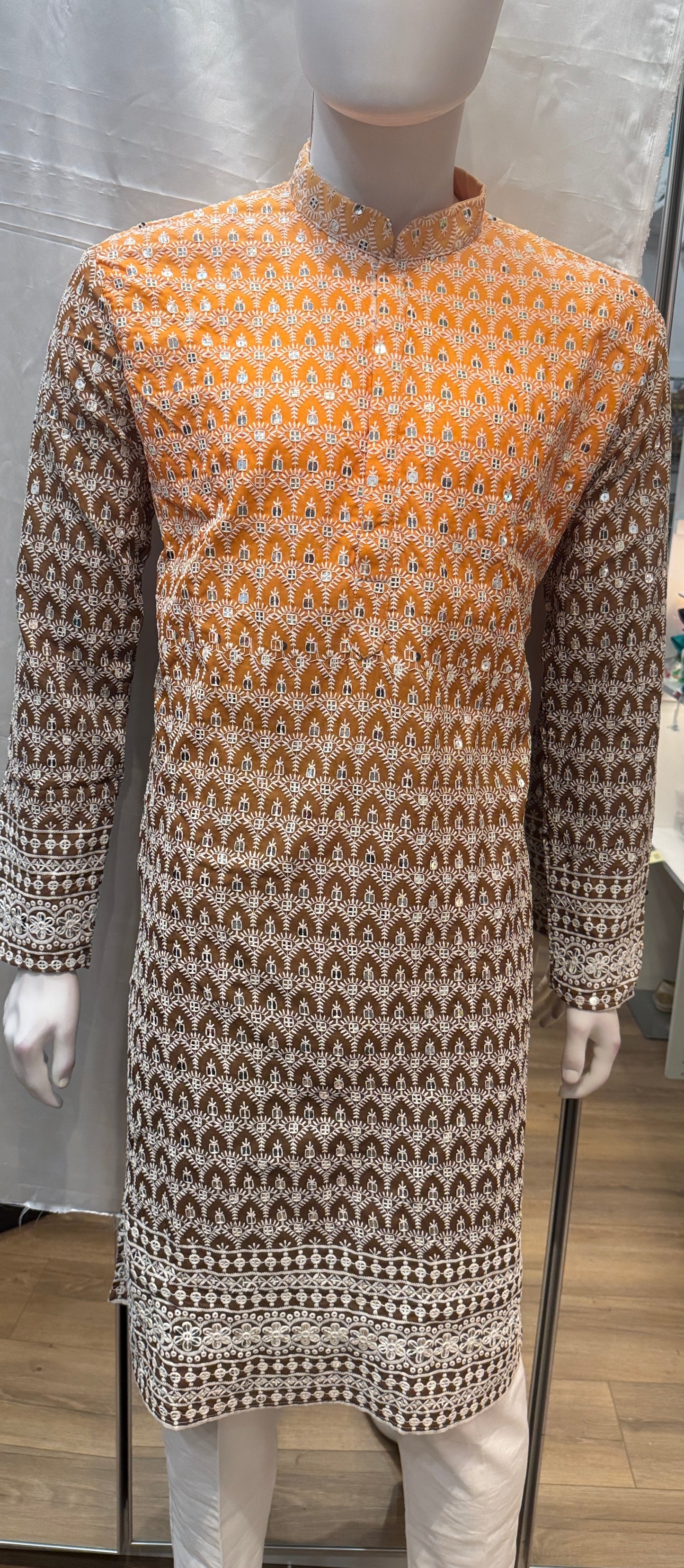 Amazing Orange Color Embroidery And Sequins Work Kurta With Pajama For Men