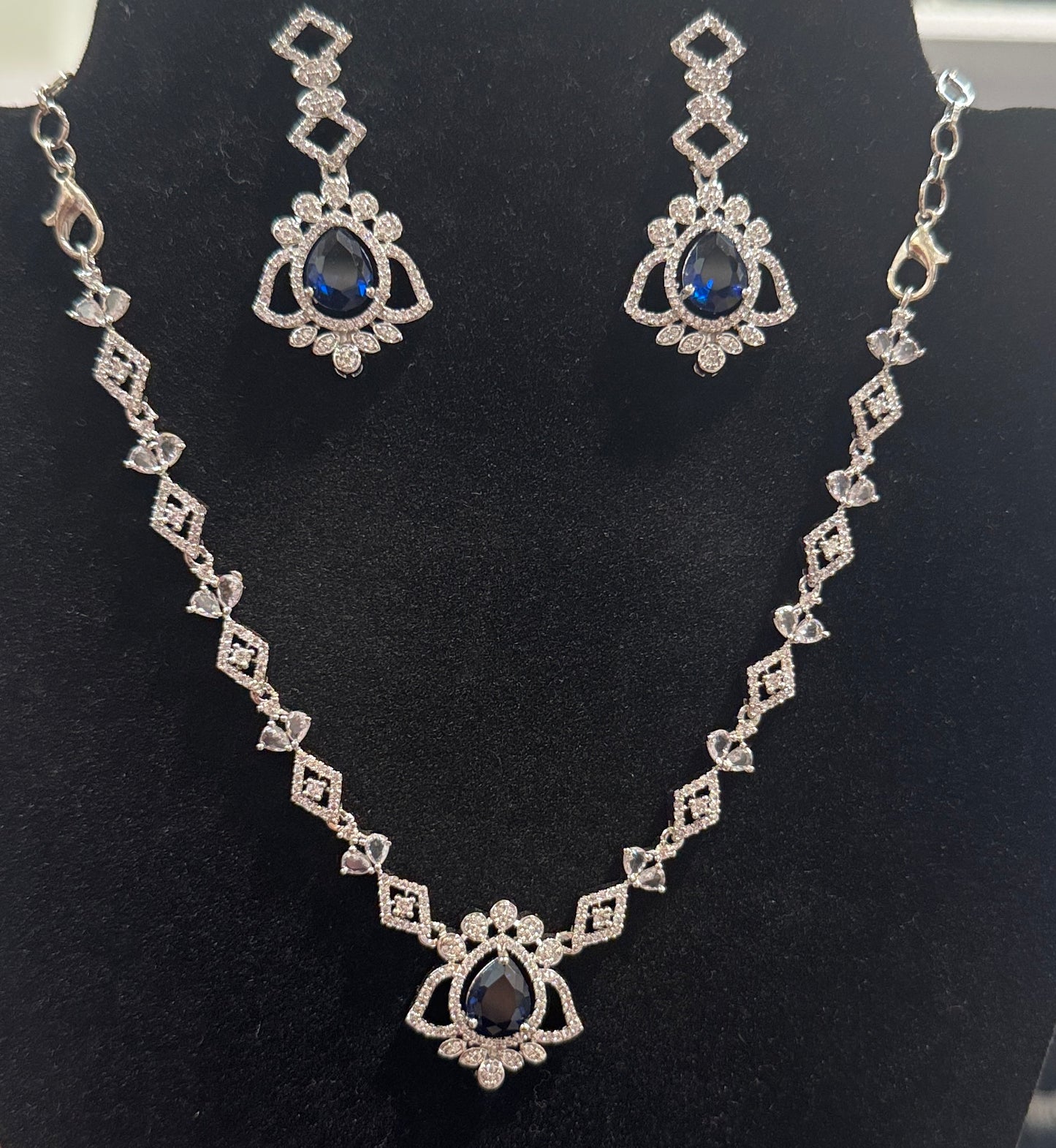 Exquisite American Diamond With Blue Color Stoned Necklace With Earrings Set