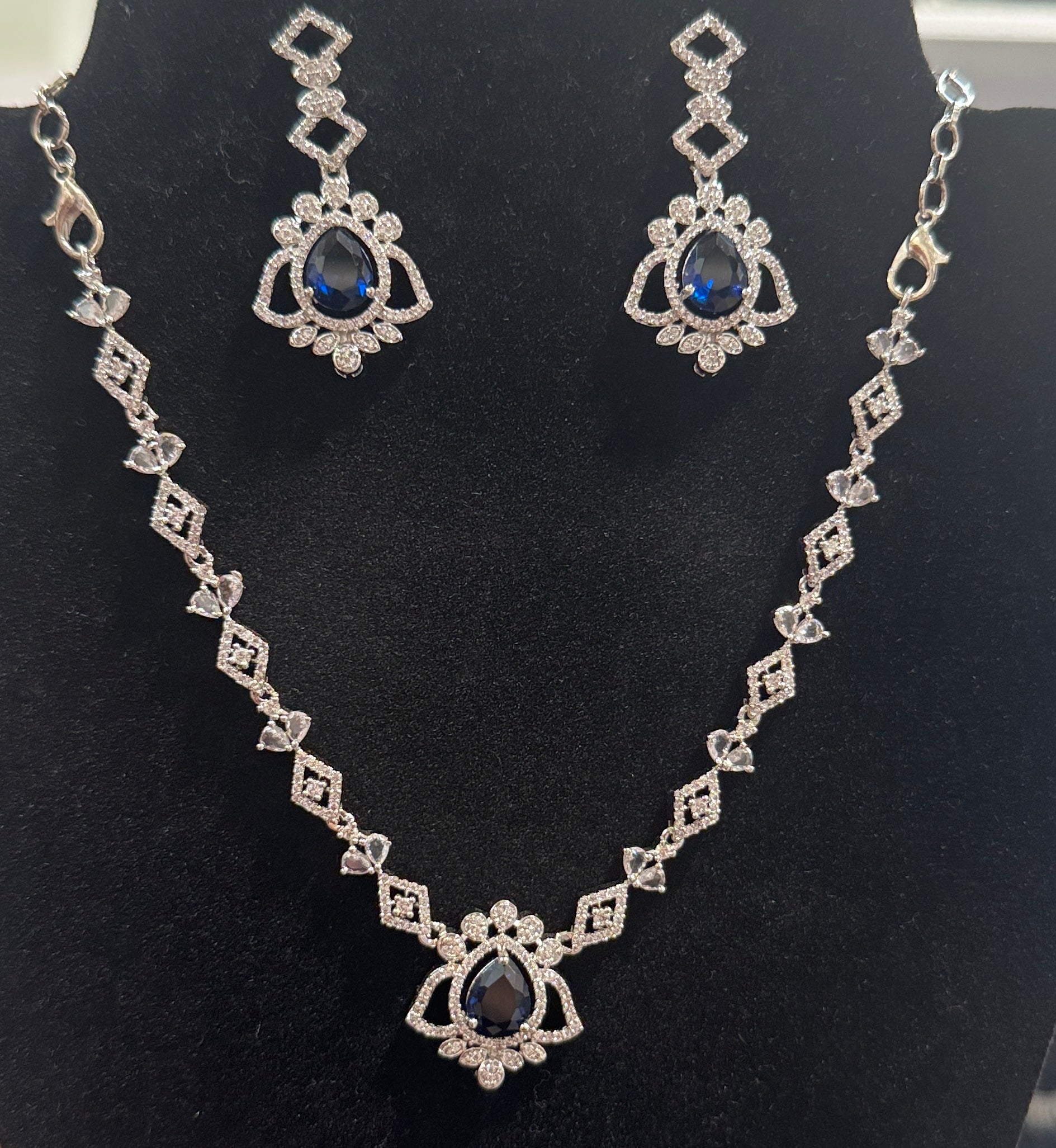Exquisite American Diamond With Blue Color Stoned Necklace With Earrings Set