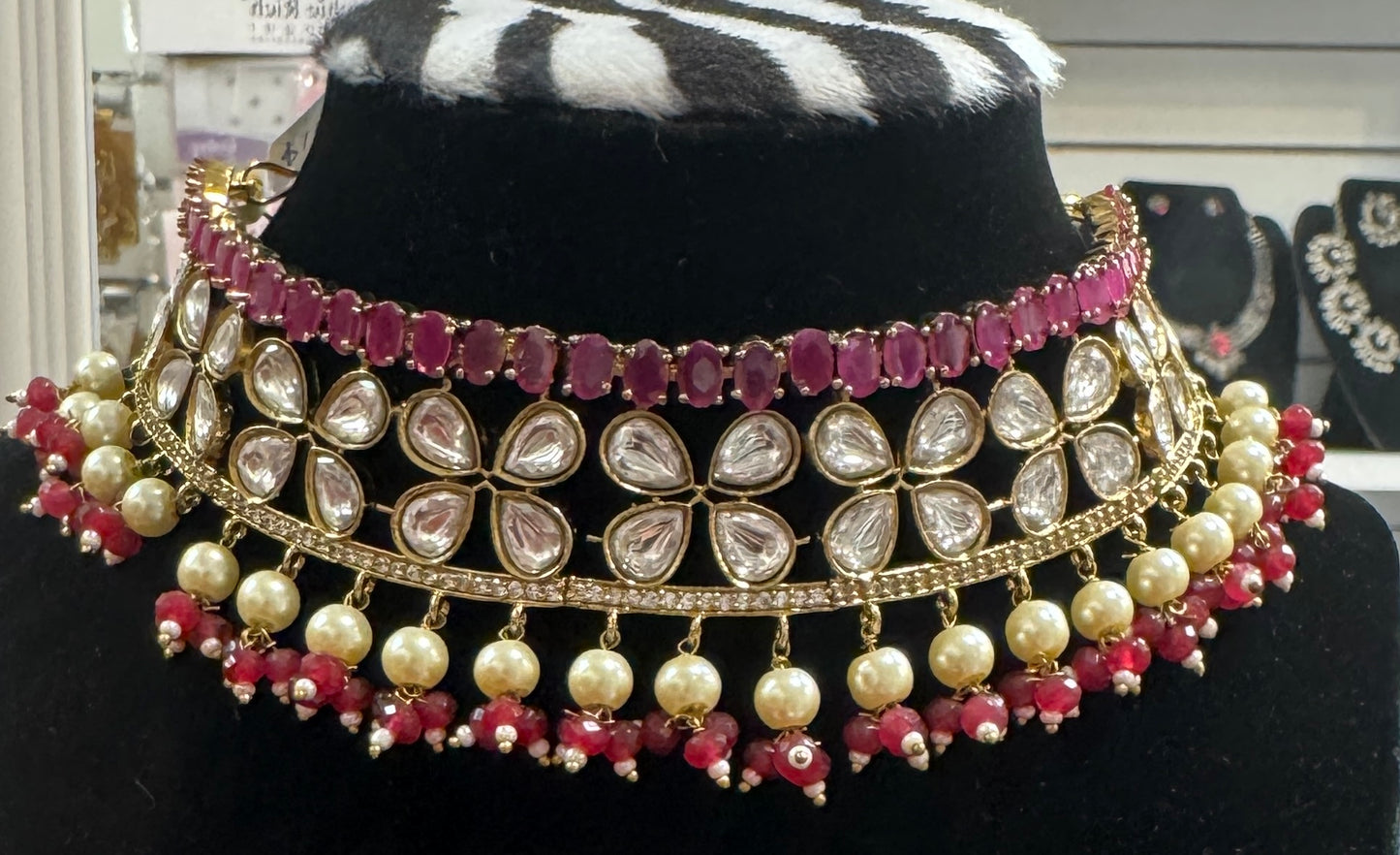Kundan Style Dark Pink Stones Choker With Earrings Set Near Me