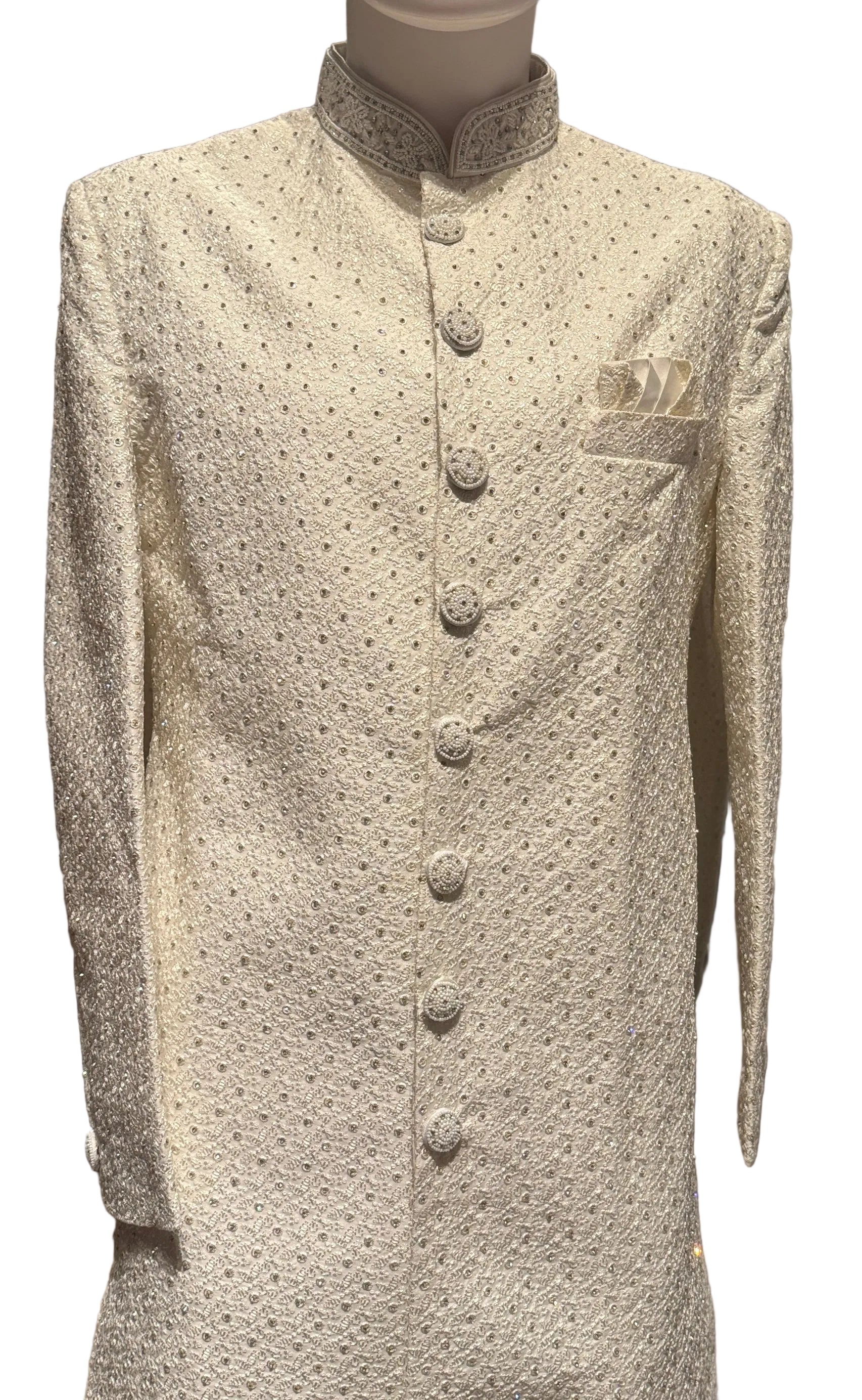 Stunning White Color With Hand Embroidery And Sequins Work Silk Sherwani Suit For Men - PREMIUM QUALITY