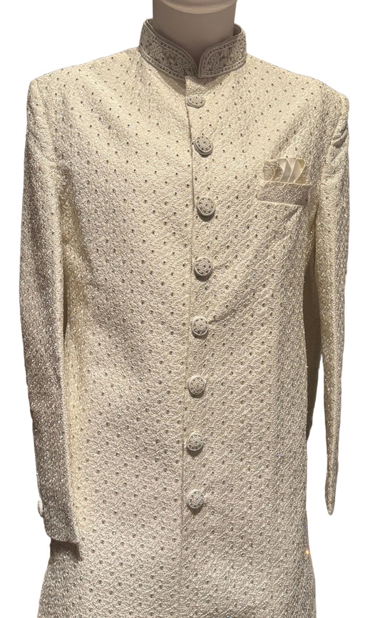 Stunning White Color With Hand Embroidery And Sequins Work Silk Sherwani Suit For Men - PREMIUM QUALITY