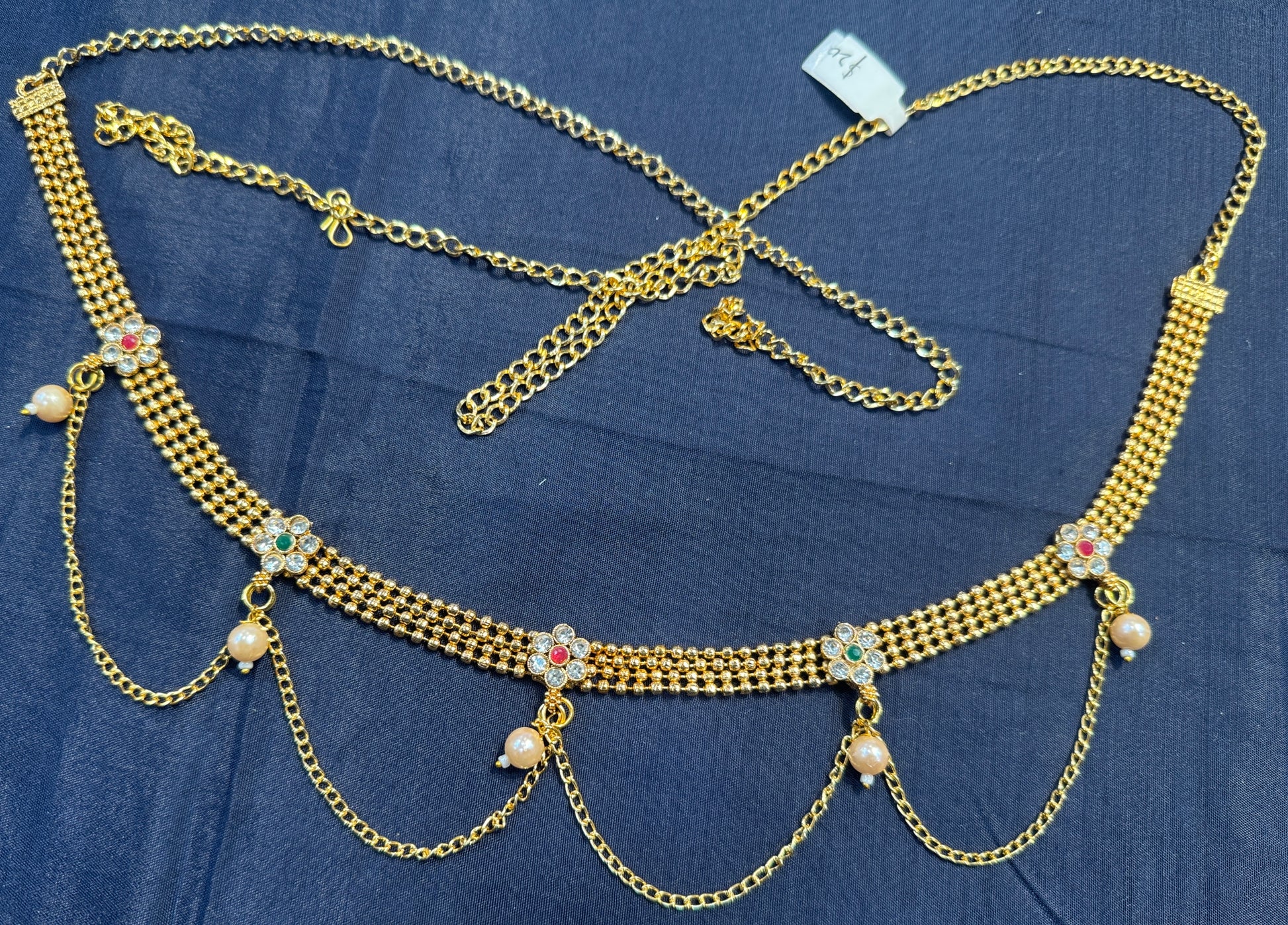 Pretty Gold Plated Beaded Red & Green Stones & Pearl Drop Hip Chain In USA